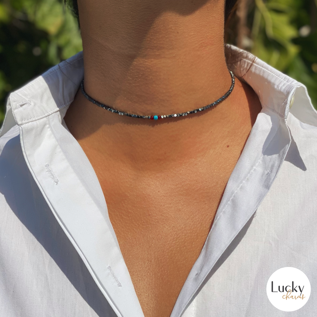 Necklace, Hematite Choker with Turquoise and Ruby Semi-Precious Stones