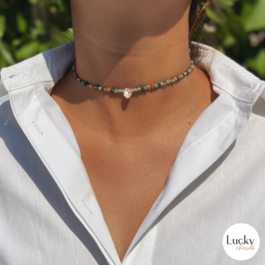 Necklace, Mixed Colors Stones Choker with Fresh Water Pearl