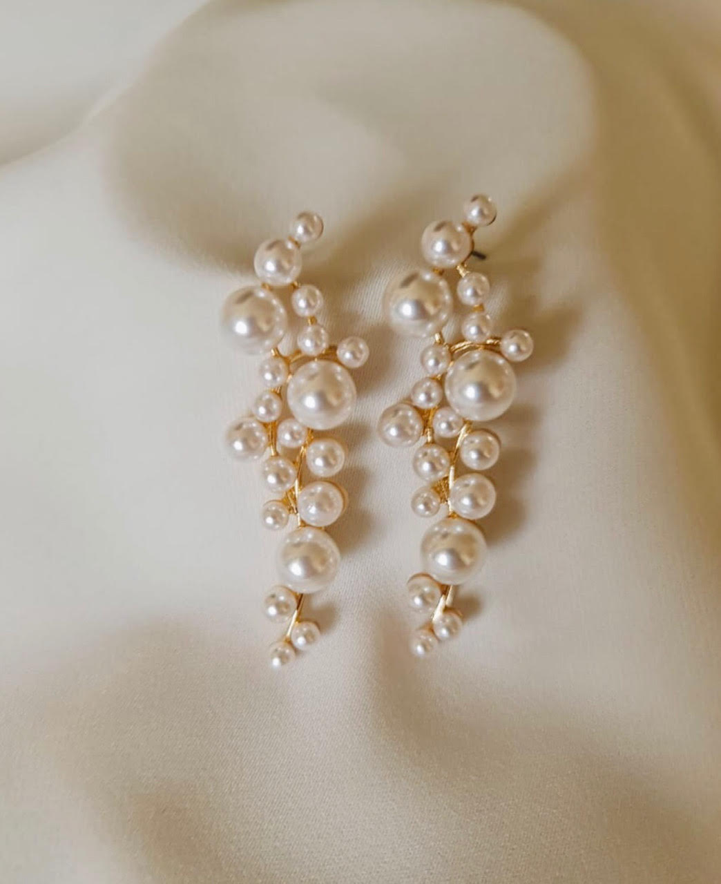 Earrings, White Cascade of Pearls