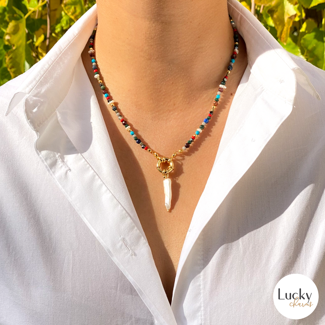 Necklace, Mixed Colored Stones with Fresh Water Pearl