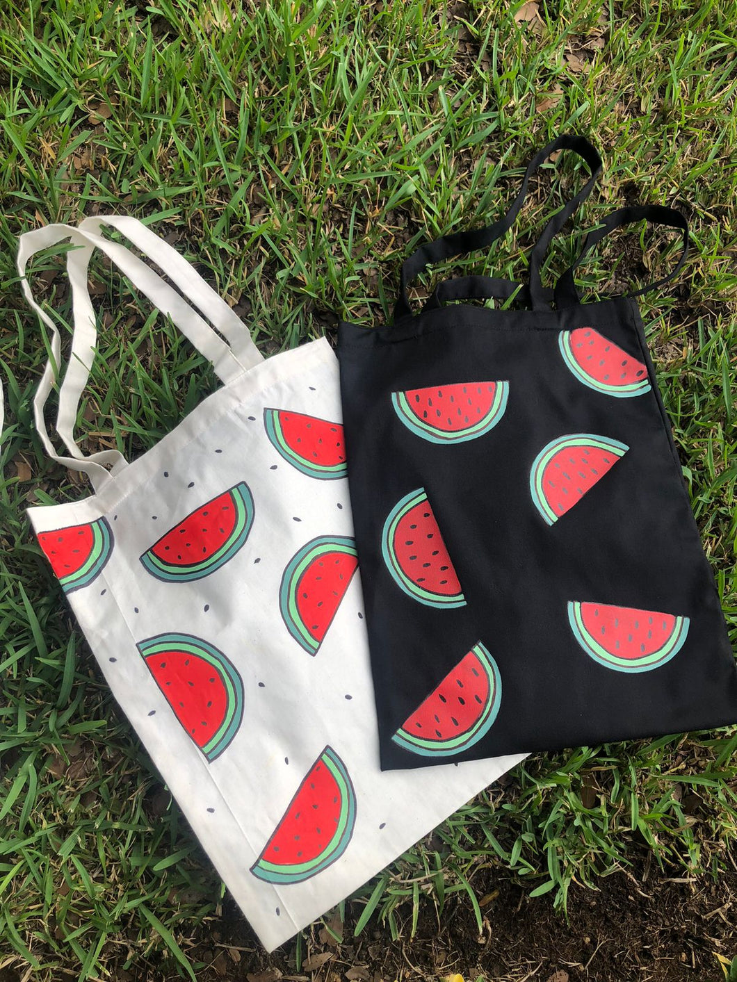 Bella, Hand-painted Tote - Beige or Black with Watermelon